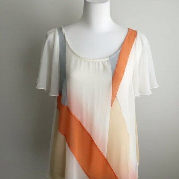 NWT BCBGeneration Colorblock Blouse S Split Sleeve Tie Accent Orange White Gray - Picture 2 of 12